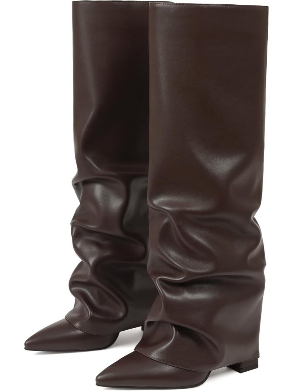Women's Chocolate PU Slouchy Knee High Boots Black Pointed Toe Fold Over Chunky - Picture 3 of 5